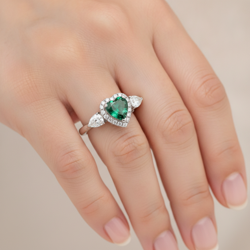 Smaragdring 3,2 Karat Echter Herzschliff Grün Halo Dreistein Platin