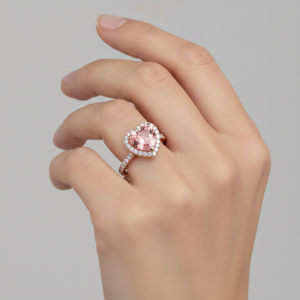 Padparadscha-Saphir-Ring 3,8 Karat im Labor gezüchtet Herz Halo geteilte Ringschiene 14 Karat Roségold