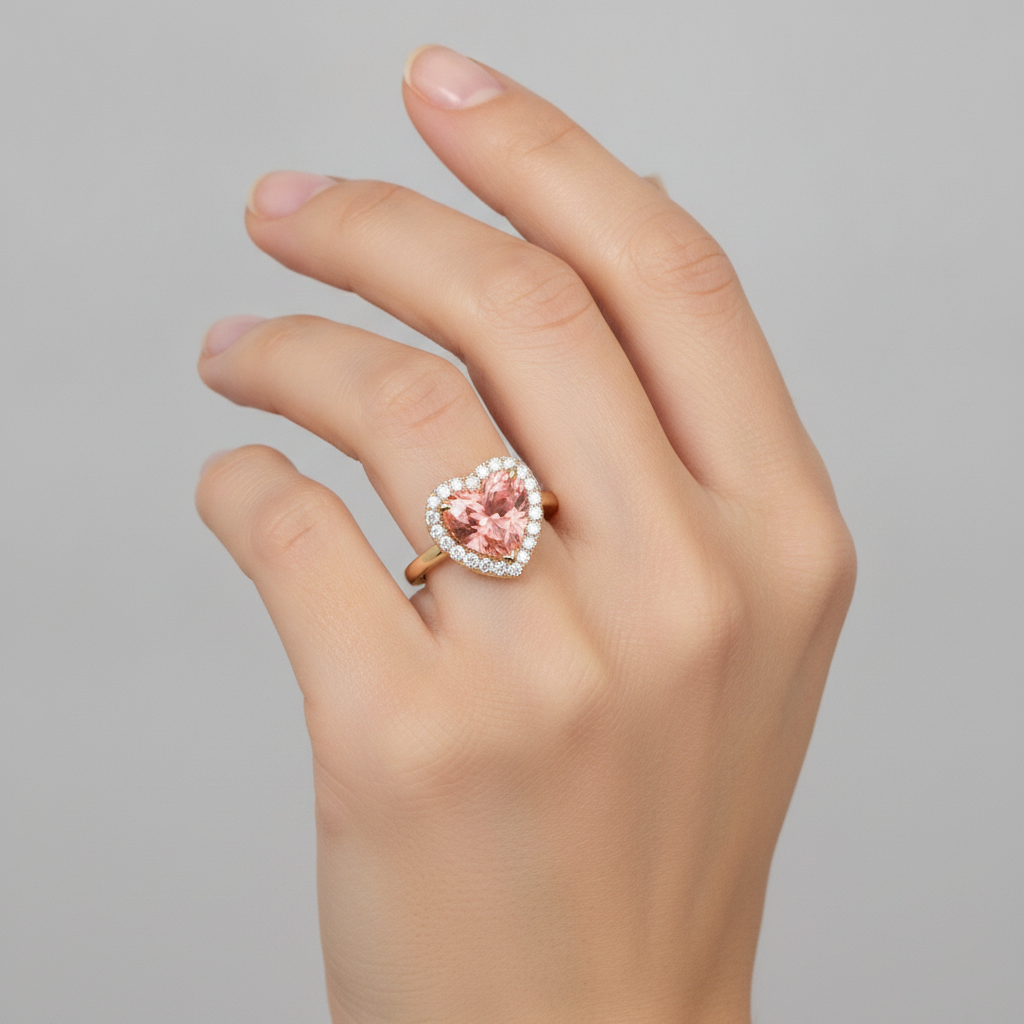 Padparadscha-Saphir Verlobungsring 2,8 Karat Echter Herz-Halo 14 Karat Gelbgold