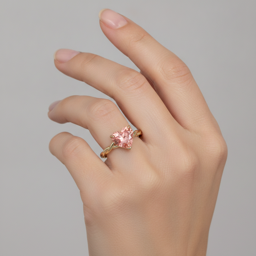Geschwungener Solitärring aus 14 Karat Gelbgold mit echtem pfirsichfarbenem Padparadscha-Saphir in Herzform, 1,5 Karat