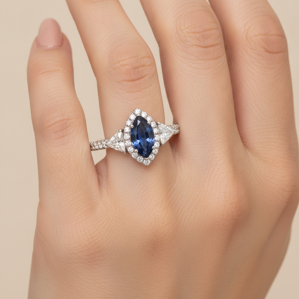 Saphir-Verlobungsring 3 Karat Echter Blauer Marquise Halo Drei-Stein Platin