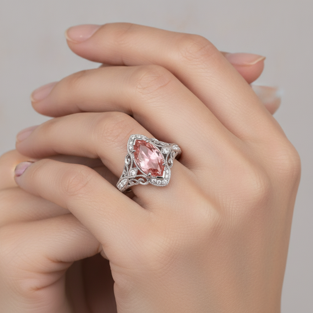 Verlobungsring mit pfirsichfarbenem Padparadscha-Saphir, 3,8 Karat, im Labor gezüchtet, Marquise, Halo, 14 Karat Weißgold