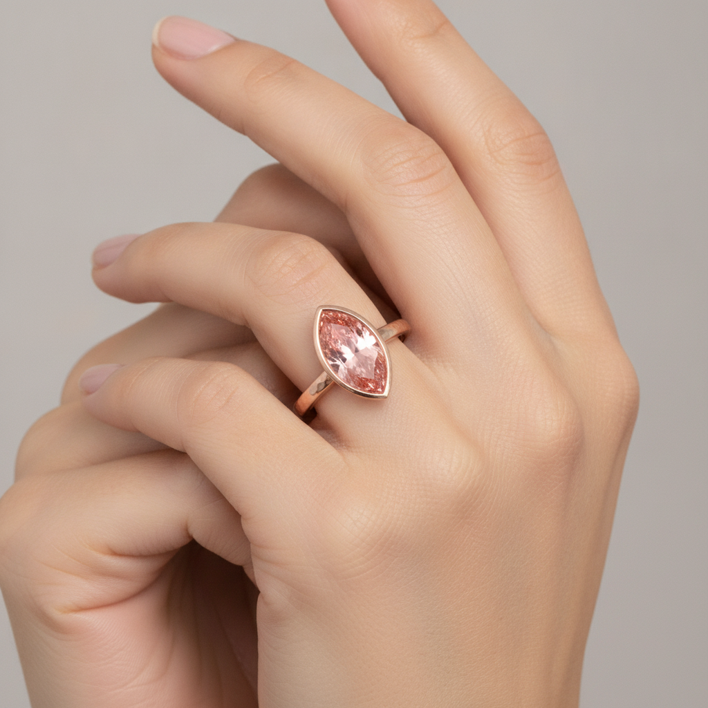 Padparadscha-Saphir-Ring 3,5 Karat, im Labor gezüchtet, Marquise-Schliff, Lünette, Solitär, 14 Karat Roségold