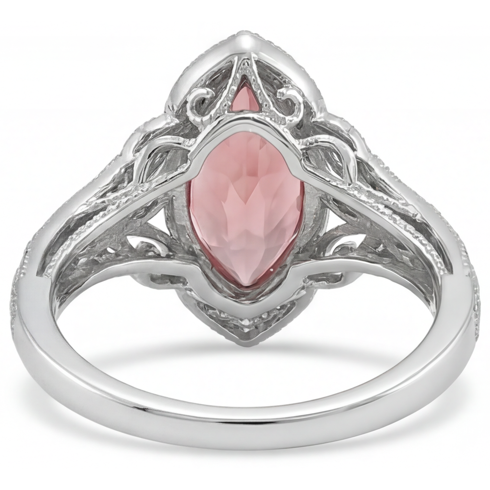 Echter pfirsichfarbener Padparadscha-Saphir 2,3 Karat Halo-Ring im Marquise-Schliff mit geteilter Ringschiene aus 14 Karat Weißgold