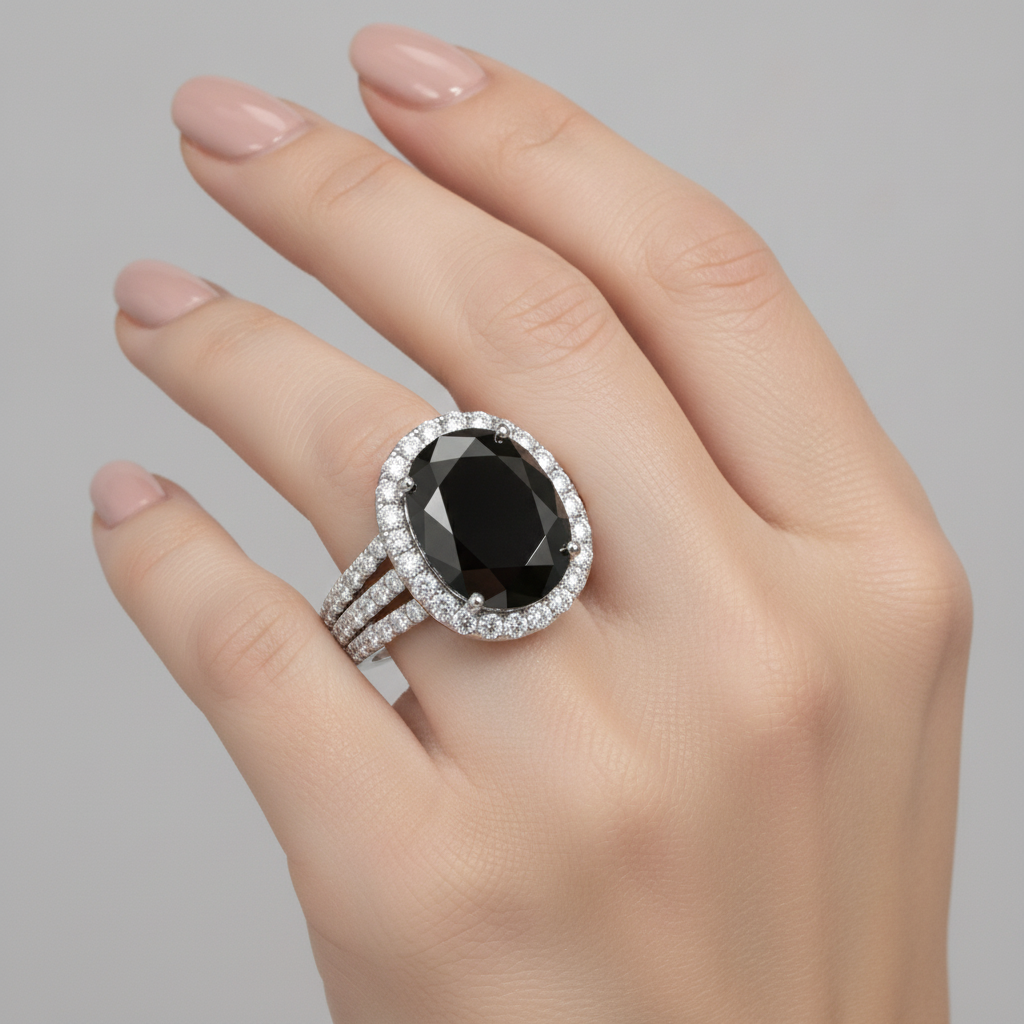 Verlobungsring mit echtem schwarzem Diamanten 6 Karat, ovaler Halo, 14 Karat Weißgold