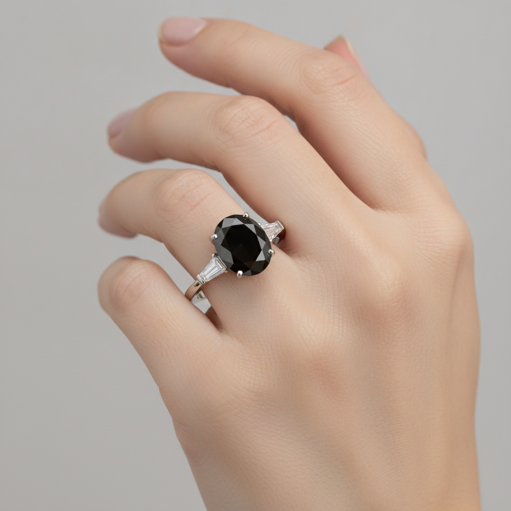 Dreistein-Ring aus 14 Karat Weißgold mit natürlichem schwarzem Diamanten, 3,6 Karat, Oval- und Baguetteschliff