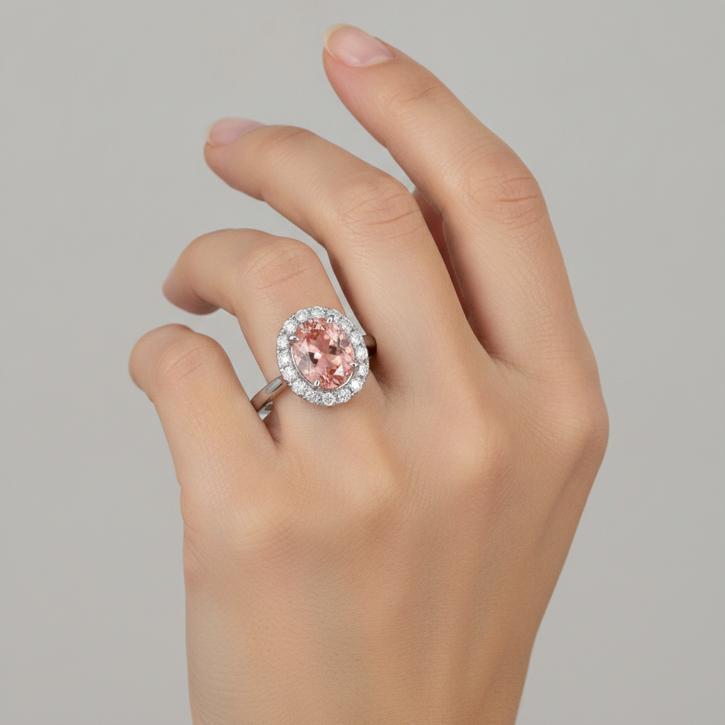 Padparadscha-Saphir-Ring, 4,3 Karat, im Labor gezüchtet, oval, Halo, 14 Karat Weißgold
