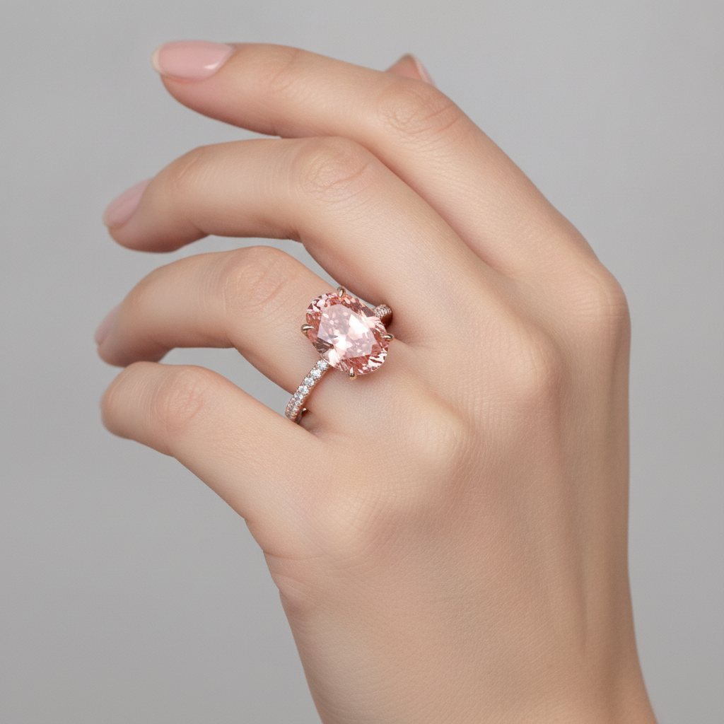 Padparadscha-Saphir-Ring 4,3 Karat im Labor gezüchtet Oval Pavé 14 Karat Roségold
