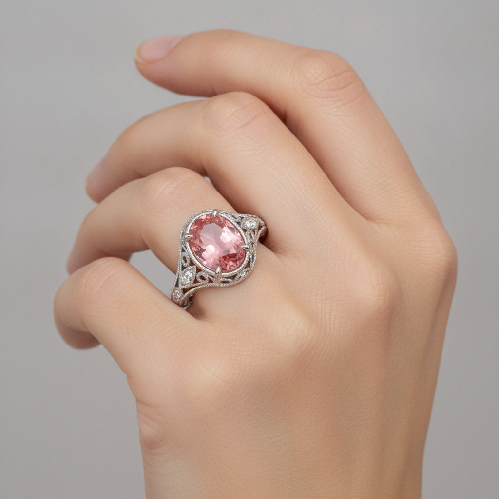 Natürlicher Padparadscha-Saphir-Ring 3,3 Karat Oval Pavé 14 Karat Weißgold