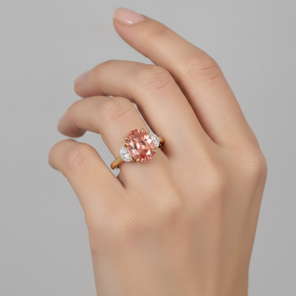 Dreistein-Ring aus 14 Karat Gelbgold mit echtem ovalem Padparadscha-Pfirsich-Saphir (2,9 Karat) und weißen Halbmonden