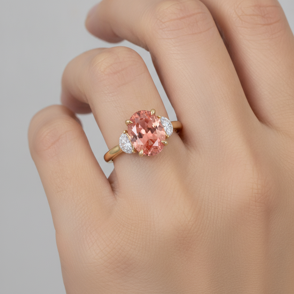 Pfirsich-Saphir-Verlobungsring 2,9 Karat Echter ovaler Padparadscha und weiße Halbmonde Drei-Stein 14 Karat Gelbgold