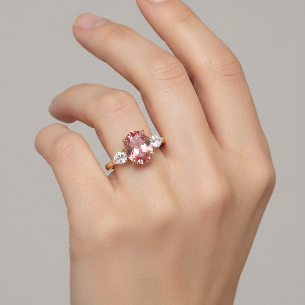 Dreistein-Ring mit echtem ovalem Padparadscha-Pfirsich-Saphir, 2,9 Karat, 14 Karat Gelbgold