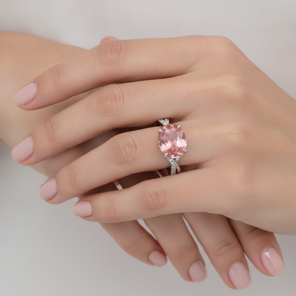 Bypass-Ring aus 14 Karat Weißgold mit pfirsichfarbenem, natürlichem ovalem Padparadscha-Saphir, 2,8 Karat