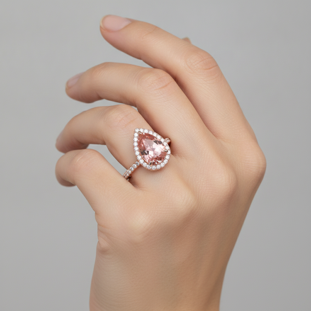 Halo-Pavé-Ring aus 14 Karat Roségold mit natürlichem pfirsichfarbenem Padparadscha-Saphir im Tropfenschliff (2,8 Karat)
