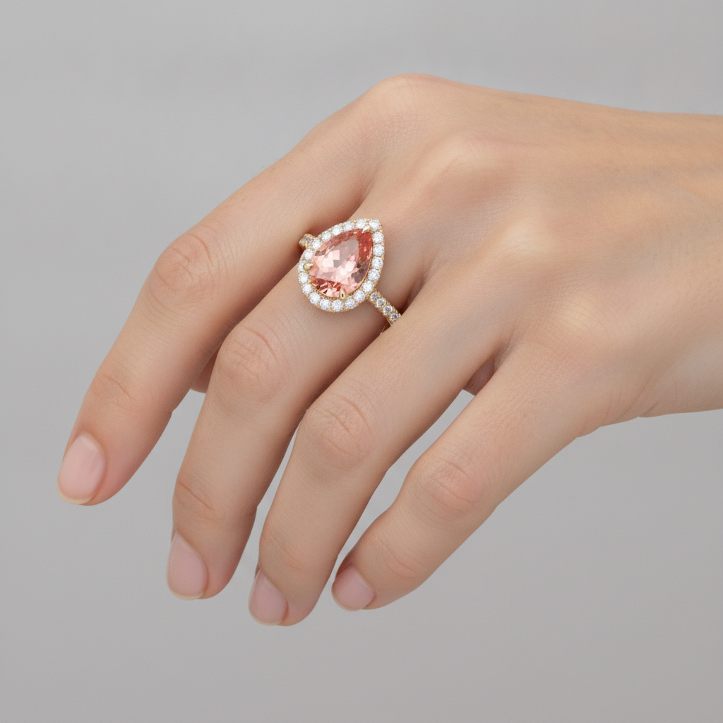 Padparadscha-Saphir-Ring 2,8 Karat Echter Tropfenschliff Halo 14 Karat Gelbgold