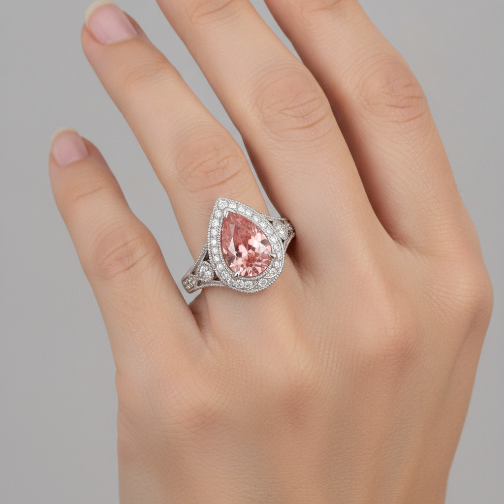 Padparadscha-Saphir-Ring 3,1 Karat Echter Tropfenschliff Halo Vintage 14 Karat Weißgold