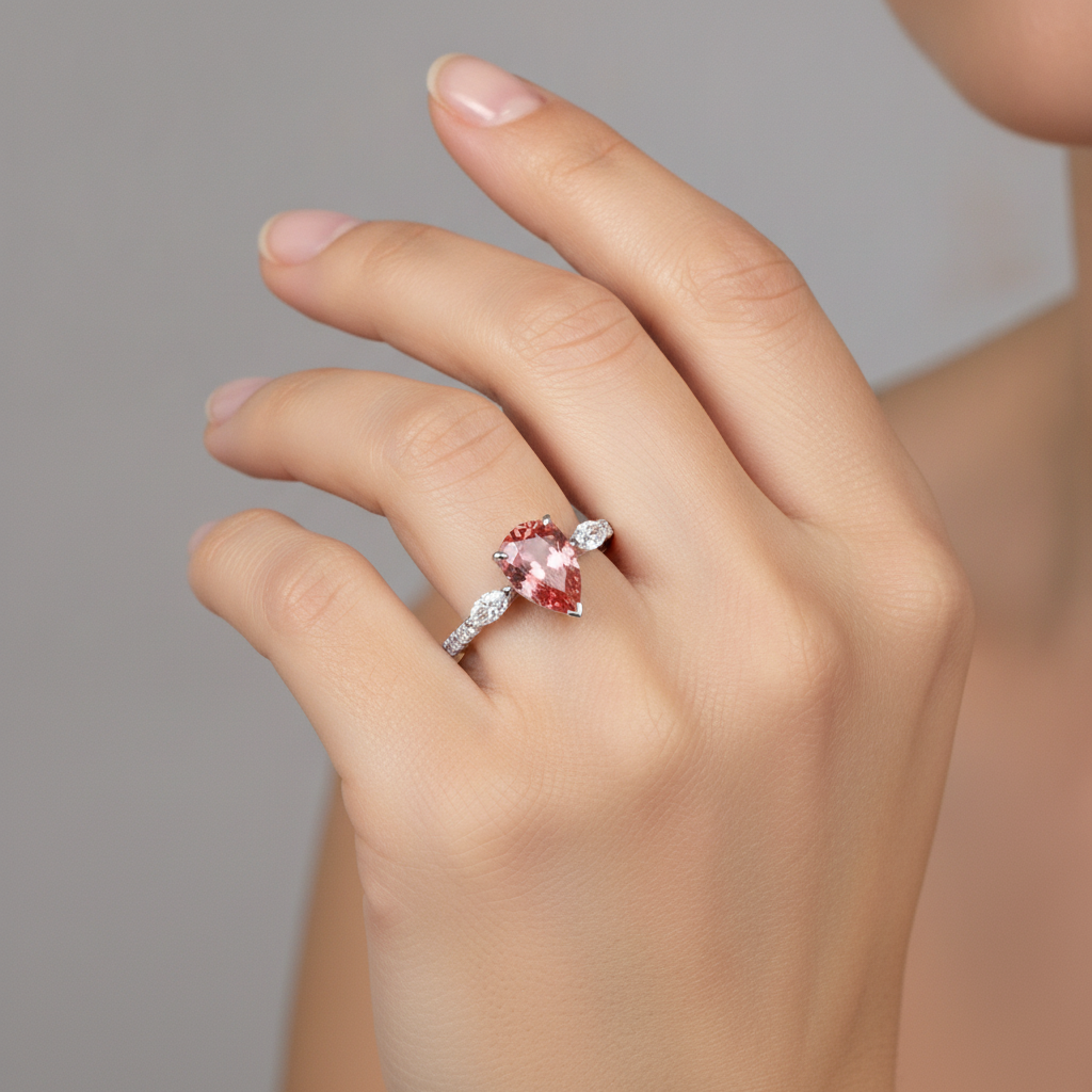 Echter Padparadscha-Pfirsich-Saphir Dreisteinring im Tropfenschliff, 2,9 Karat, 14 Karat Weißgold