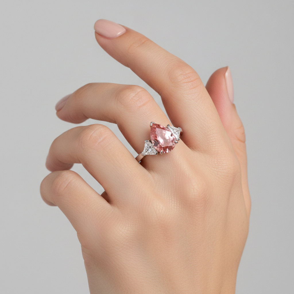 Padparadscha-Saphir-Dreisteinring aus Platin, 3,6 Karat, echter Tropfenschliff und weiße Trillanten
