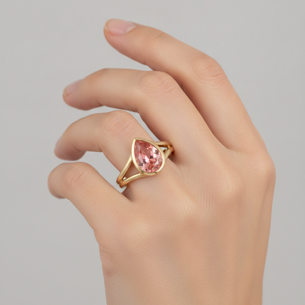 Pfirsichfarbener Padparadscha-Saphir, 2 Karat, echter Tropfenschliff, Solitärring mit Lünette, 14 Karat Gelbgold