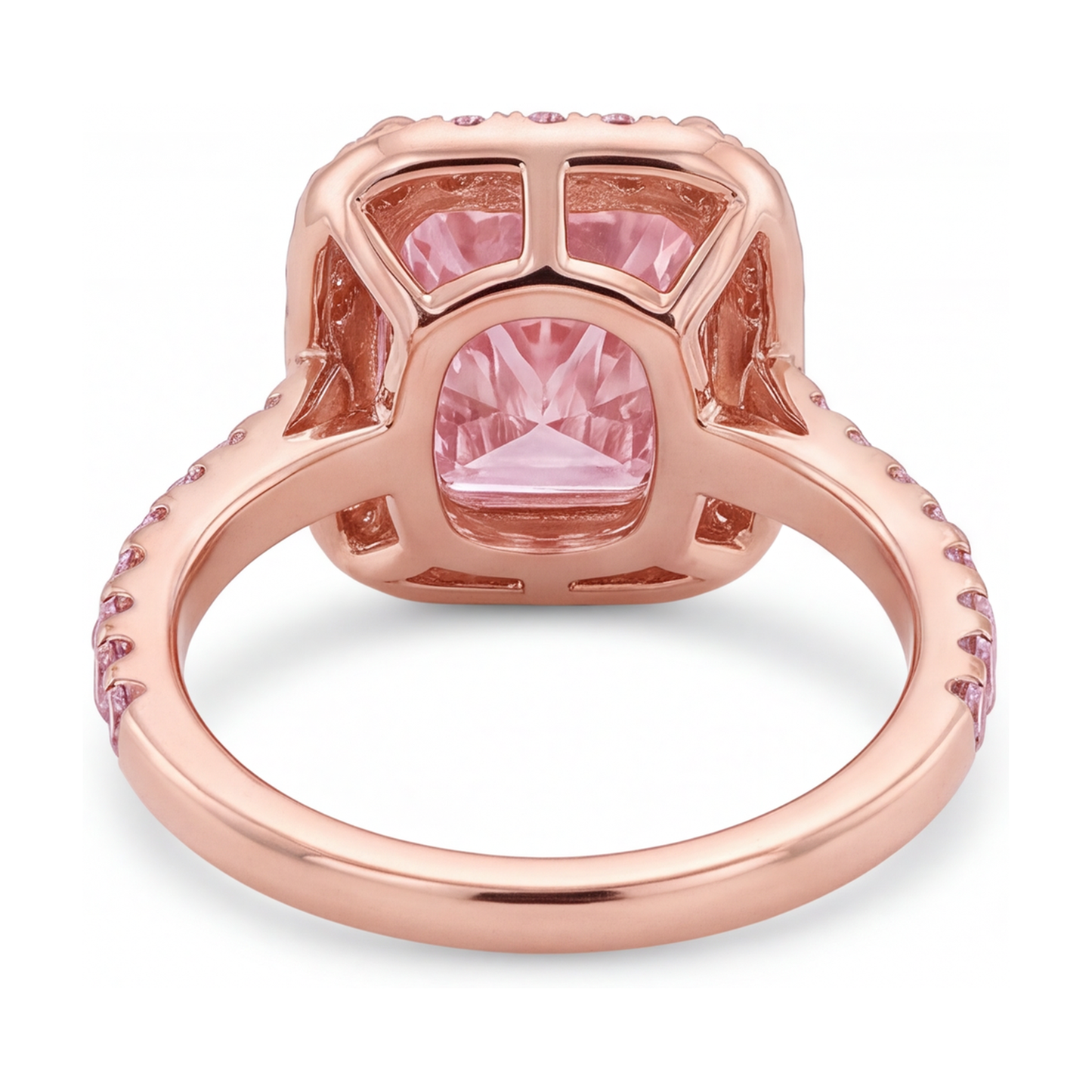 Pinkfarbener Diamantring 6 Karat im Labor gezüchtet Radiant-Schliff Halo Pavé 14 Karat Roségold
