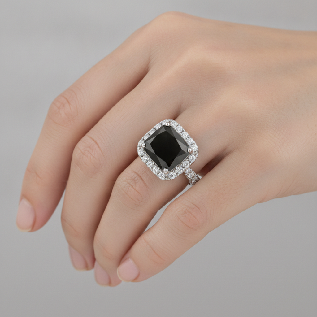Verlobungsring mit schwarzem Diamanten 5 Karat Echter Radiant-Schliff Halo 14 Karat Weißgold