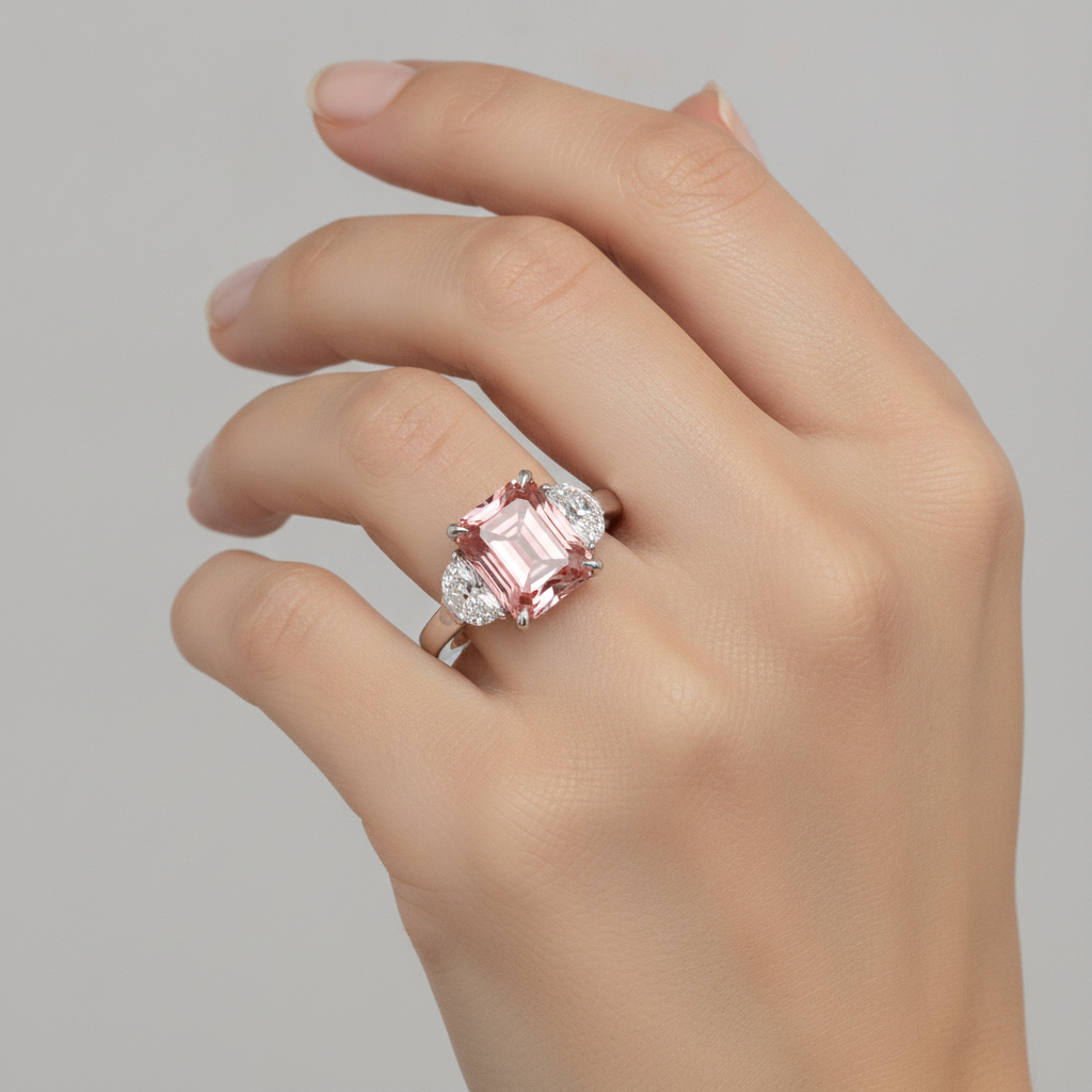 Padparadscha-Saphir-Dreistein-Ring aus Platin mit 3,6 Karat natürlichem Radiant-Schliff und weißen Halbmonden
