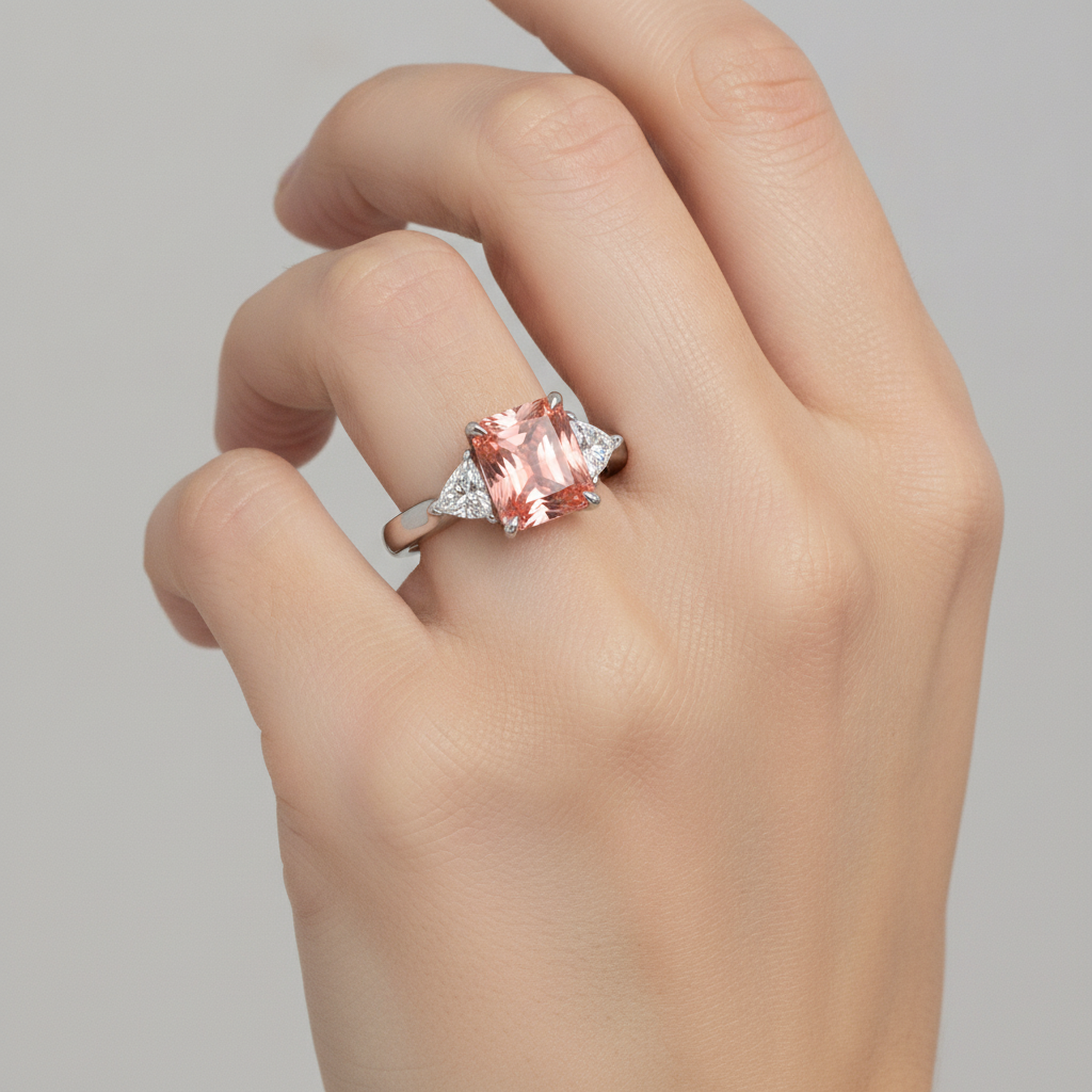 Dreistein-Ring mit echtem Padparadscha-Saphir 2,9 Karat im Radiant-Schliff und weißen Trillanten, 14 Karat Gold