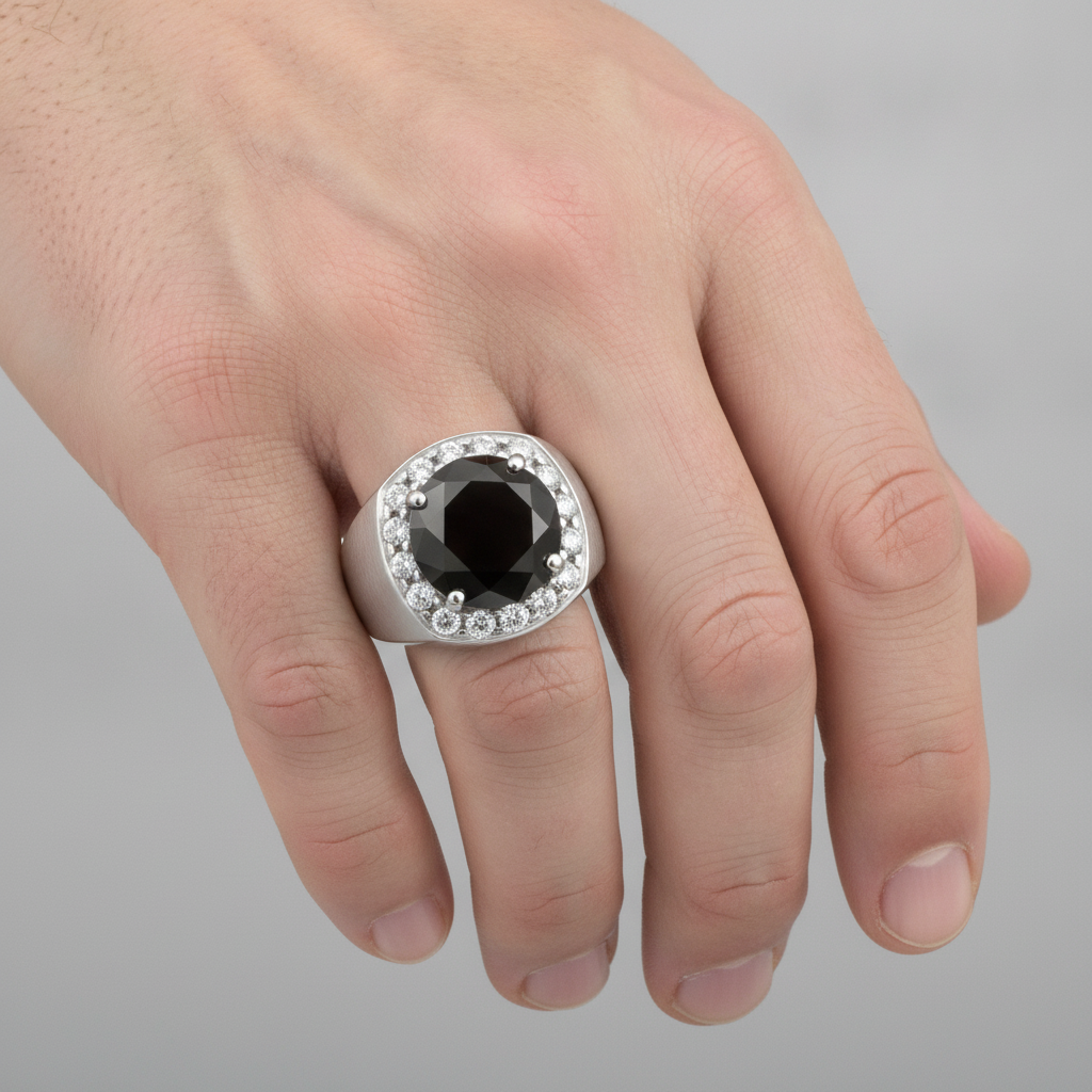 Ehering mit schwarzem Diamanten 6,75 Karat natürlicher runder Halo 14 Karat Weißgold