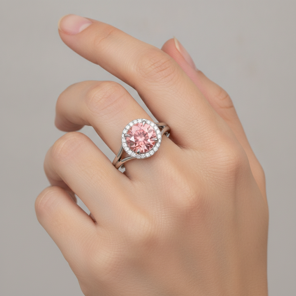 Padparadscha-Ring 4,3 Karat im Labor gezüchteter runder Saphir Halo 14 Karat Weißgold