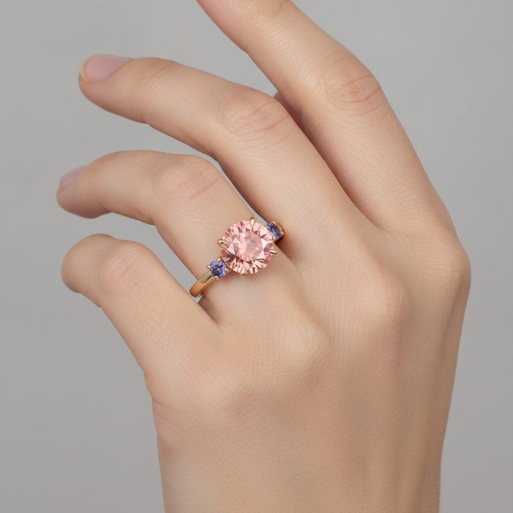 Antiker Padparadscha-Saphir-Ring, 4,8 Karat, im Labor gezüchtet, rund, Dreistein, 14 Karat Gelbgold
