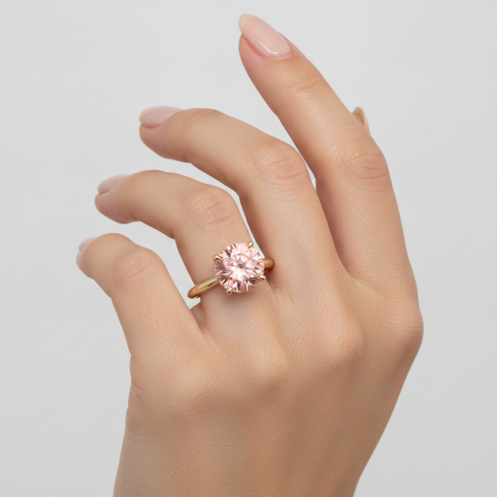 Padparadscha-Saphir-Ring 4 Karat im Labor gezüchtet runder Solitär 14 Karat Gelbgold