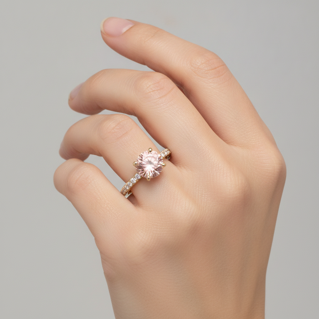 Padparadscha-Ring 2,3 Karat natürlicher runder Saphir Pavé 14 Karat Gelbgold