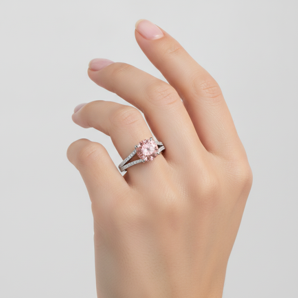 Pfirsich-Saphir Verlobungsring 2,6 Karat Natürlicher Runder Padparadscha Geteilte Ringschiene 14 Karat Weißgold