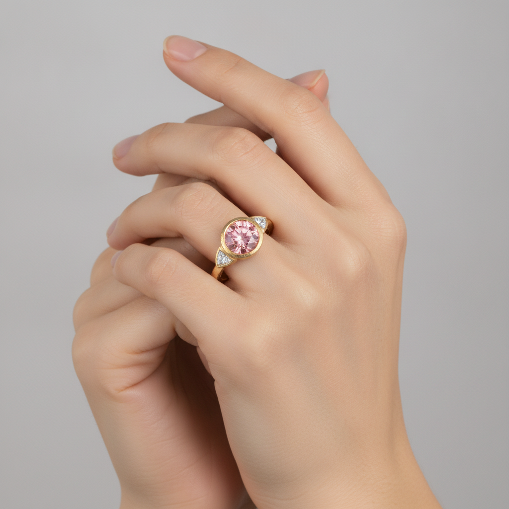 Padparadscha-Ring 2,6 Karat natürlicher runder Saphir und weißer Trillant Lünette Drei-Stein 14 Karat Gelbgold
