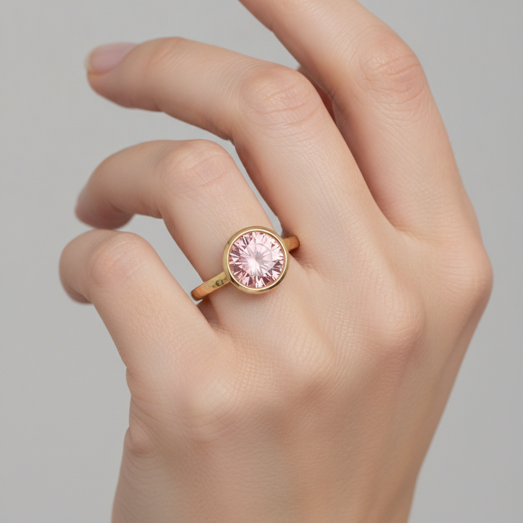 Padparadscha-Saphir Verlobungsring 2 Karat Echter Runder Solitär Lünette 14 Karat Gelbgold