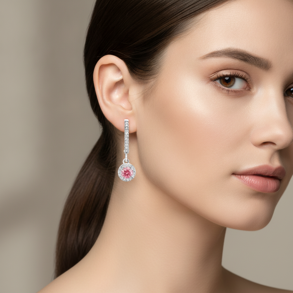 Ohrringe mit rosa Diamanten 1,5 Karat im Labor gezüchtet Rund Halo Pavé Brisur 14 Karat Weißgold