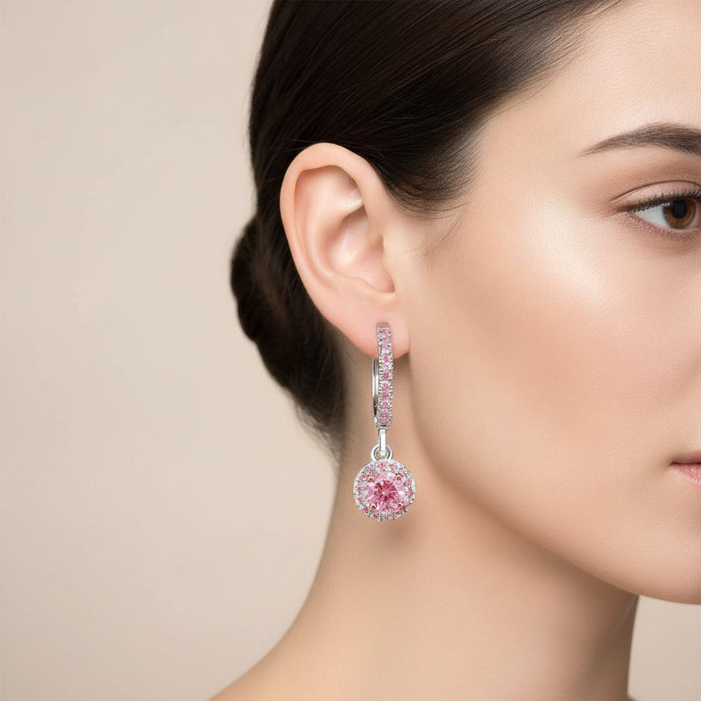 Halo-Ohrringe mit rosa Diamanten, 1,5 Karat, im Labor gezüchtet, rund, Pavé, Brisur, 14 Karat Weißgold