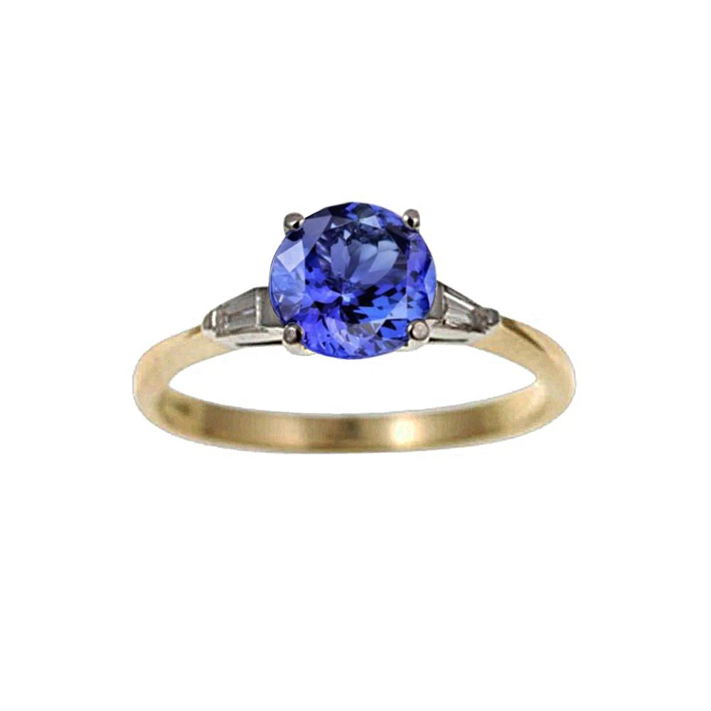 2.55 Karat Tansanit und Baguette Aus der Erde Abgebauter Natürlicher Diamanten Drei-Stein-Ring 14K