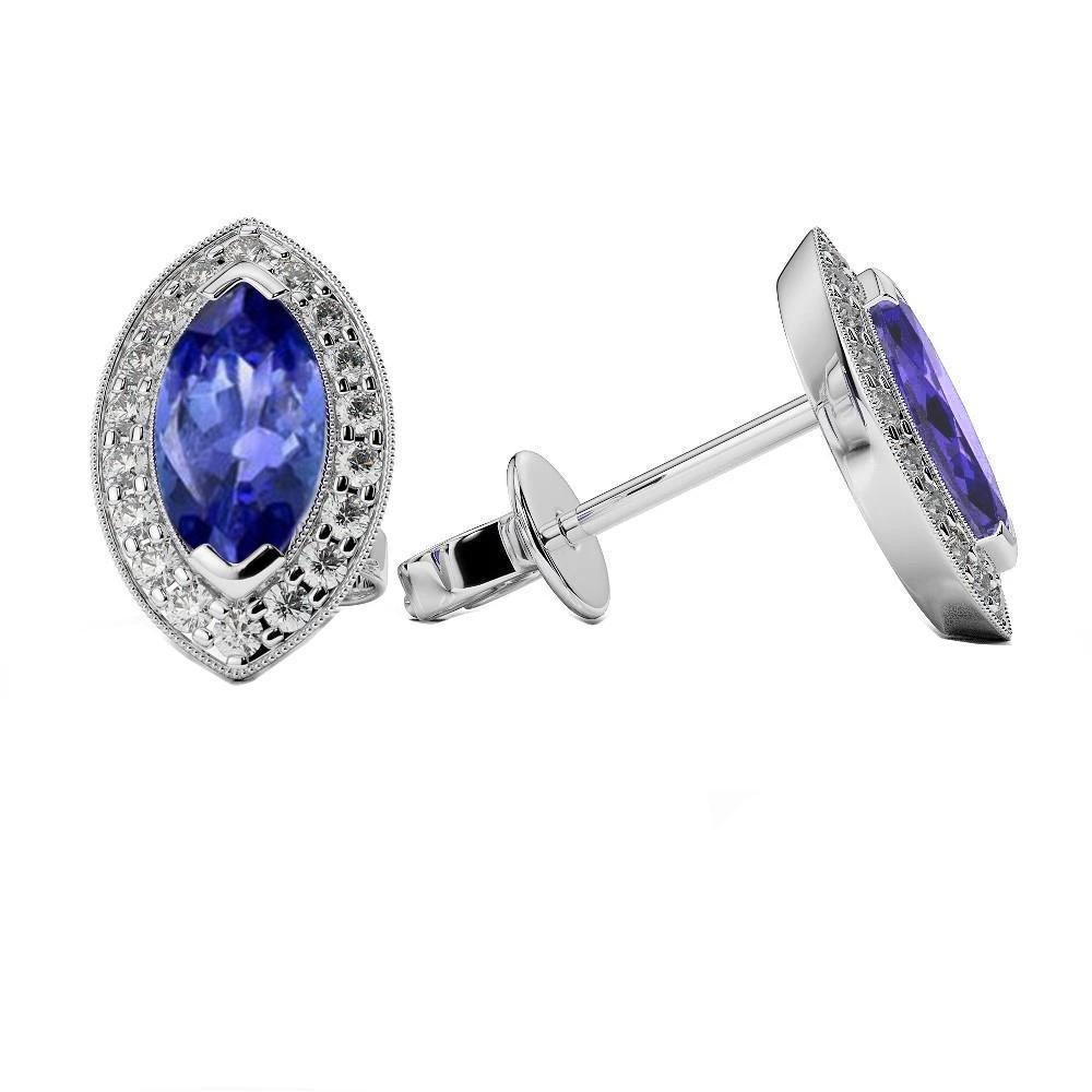 2.76 Karat Blauer Tansanit mit Aus der Erde Abgebauter Natürlicher Diamant Ohrstecker Weißgold 14K