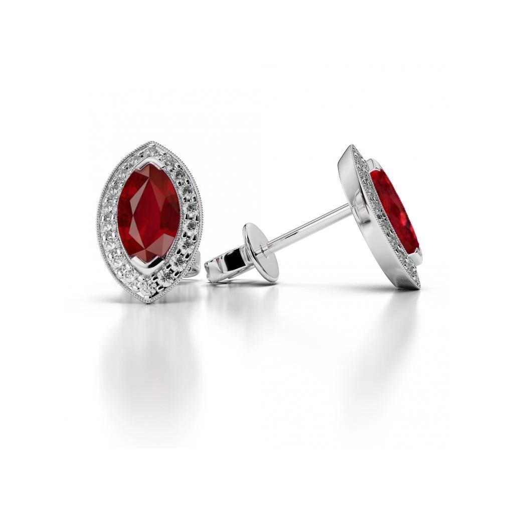 2.90 Karat Marquise-Schliff Rubin und Aus der Erde Abgebauter Natürlicher Diamant Damen Halo Ohrstecker