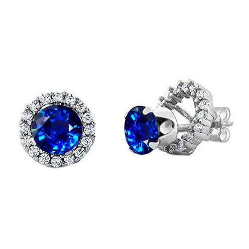 3 Karat Runder Saphir Halo Aus der Erde Abgebauter Natürlicher Diamant Ohrstecker Weißgold 14K