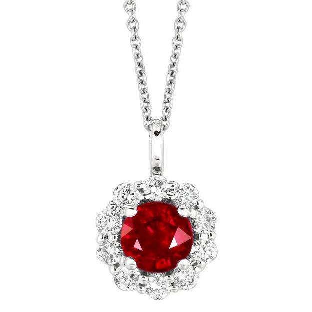 3 Karat runde Rubin & Aus der Erde Abgebauter Natürlicher Diamant Anhänger Halskette mit Kette Weißgold