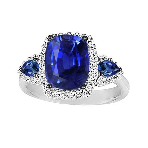 3-Stein-Stil Kissen Ceylon Saphir Aus der Erde Abgebauter Natürlicher Diamantring Gold 7.25 Karat