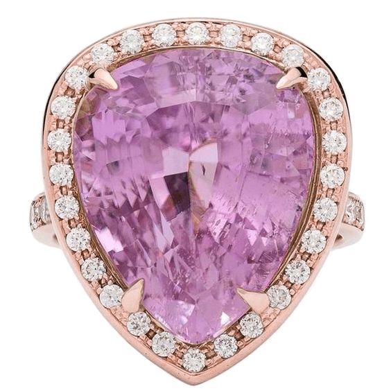 31 Karat Birnenschliff Kunzit mit Aus der Erde Abgebauter Natürlicher Diamantring 14K Gold Rose Neu