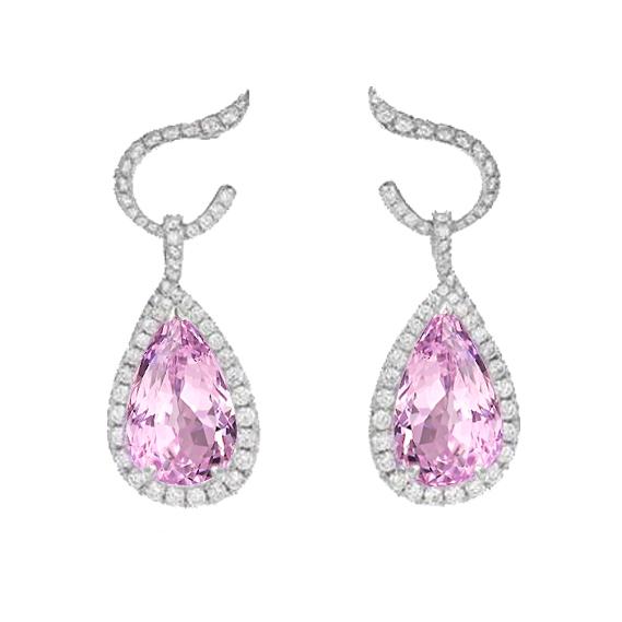 31.20 Karat Rosa Kunzit Und Aus der Erde Abgebauter Natürlicher Diamanten Ohrringe Gold Weiß