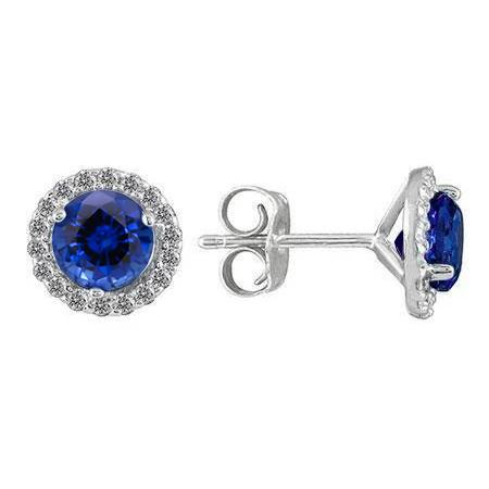 3,36 Karat Blauer Saphir Halo Aus der Erde Abgebauter Natürlicher Diamant Ohrstecker Weißgold 14K