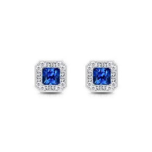 3.60 Ct Sri Lanka Saphir & Aus der Erde Abgebauter Natürlicher Diamanten Damen Ohrstecker Halo Ohrring WG 14K