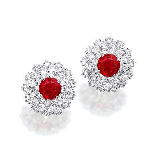 4 Karat Weißgold 14 Karat Roter Rundschliff Rubin & Aus der Erde Abgebauter Natürlicher Diamant Ohrstecker Halo Ohrringe
