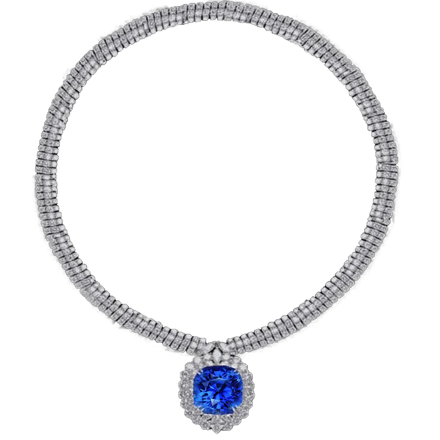 45 Karat Blaue Saphir Weiße Aus der Erde Abgebauter Natürlicher Diamanten Platin Halskette