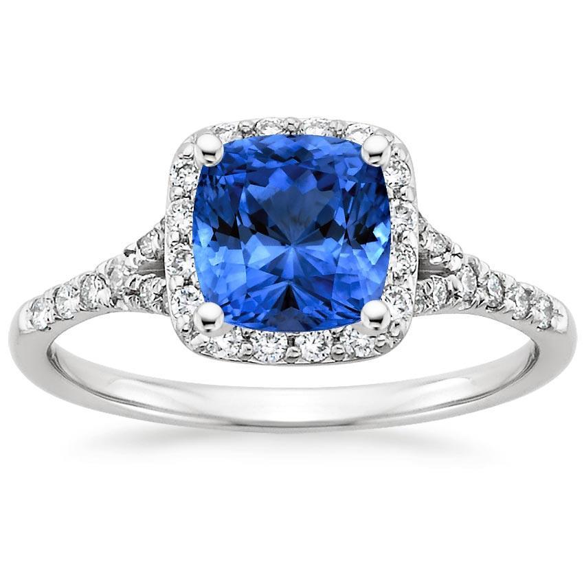 4.10 ct Kissen Sri Lankan Saphir und runder Aus der Erde Abgebauter Natürlicher Diamanten Ring Weißgold